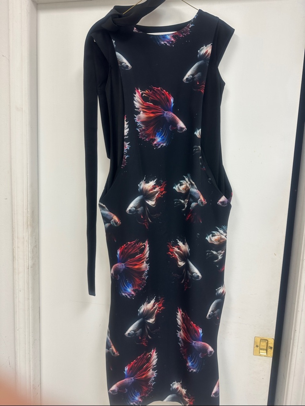 Black Midi Dress with Red & Blue Fish Print and Waist Sash